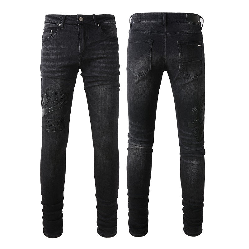 Pantalones vaqueros ajustados elásticos de tendencia urbana europea y americana con bordados empalmados para hombres #1312 