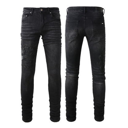 Pantalones vaqueros ajustados elásticos de tendencia urbana europea y americana con bordados empalmados para hombres #1312 