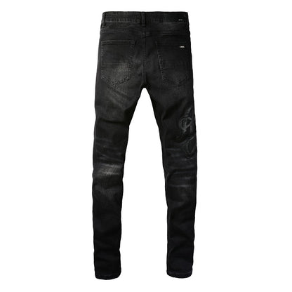Pantalones vaqueros ajustados elásticos de tendencia urbana europea y americana con bordados empalmados para hombres #1312 