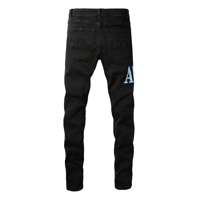 Pantalones vaqueros de estilo europeo y americano de estilo urbano para hombre, ajustados y finos, con parches rotos, de color azul claro, n.º 1315 