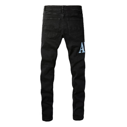 Pantalones vaqueros de estilo europeo y americano de estilo urbano para hombre, ajustados y finos, con parches rotos, de color azul claro, n.º 1315 