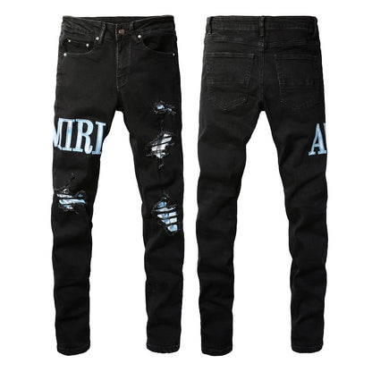 Pantalones vaqueros de estilo europeo y americano de estilo urbano para hombre, ajustados y finos, con parches rotos, de color azul claro, n.º 1315 