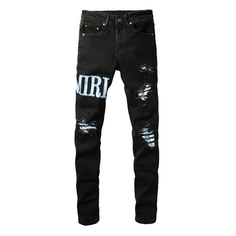 Pantalones vaqueros de estilo europeo y americano de estilo urbano para hombre, ajustados y finos, con parches rotos, de color azul claro, n.º 1315 