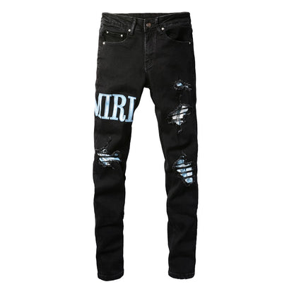Pantalones vaqueros de estilo europeo y americano de estilo urbano para hombre, ajustados y finos, con parches rotos, de color azul claro, n.º 1315 