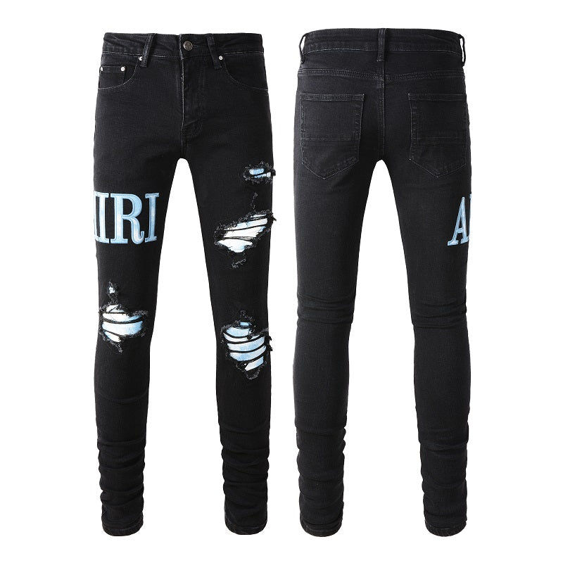 Pantalones vaqueros de estilo europeo y americano de estilo urbano para hombre, ajustados y finos, con parches rotos, de color azul claro, n.º 1315 