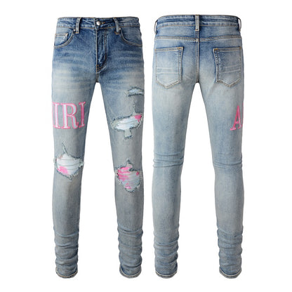 Pantalones vaqueros de estilo europeo y americano de estilo urbano para hombre, con parches rotos, ajustados y finos, para pies pequeños, n.° 1316 