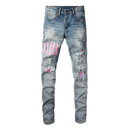 Pantalones vaqueros de estilo europeo y americano de estilo urbano para hombre, con parches rotos, ajustados y finos, para pies pequeños, n.° 1316 