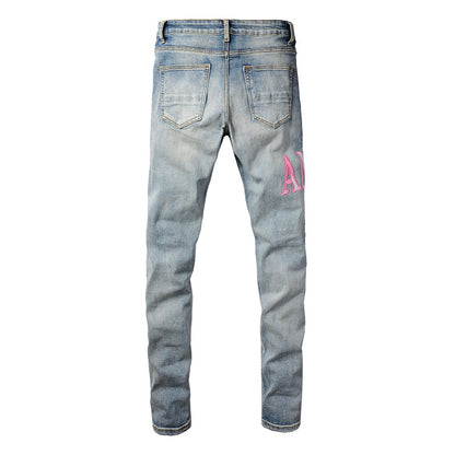 Pantalones vaqueros de estilo europeo y americano de estilo urbano para hombre, con parches rotos, ajustados y finos, para pies pequeños, n.° 1316 