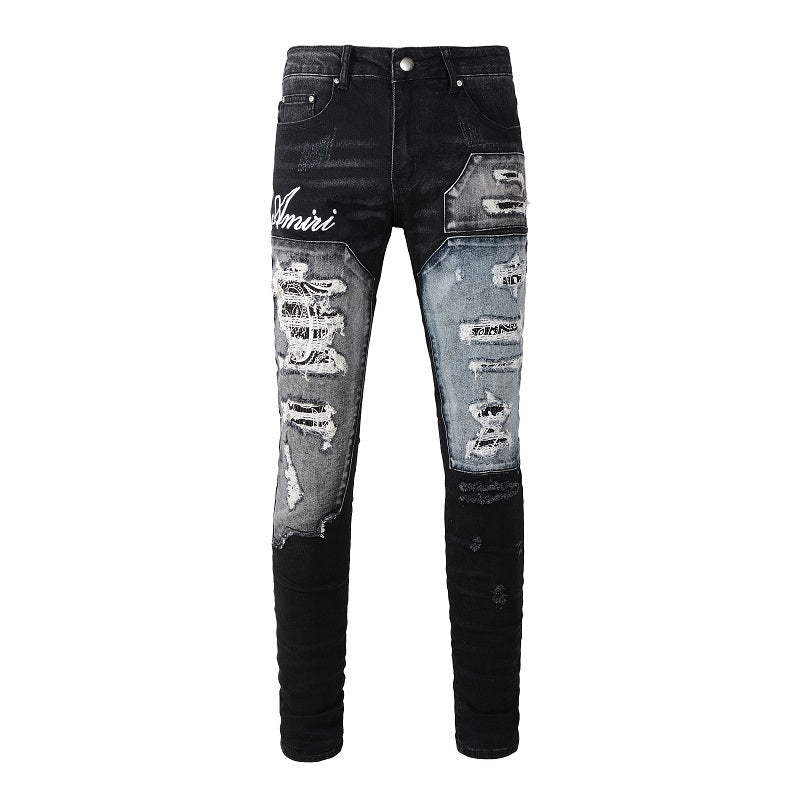 Men’s Black Distressed Skinny Jeans with Patchwork Detail 1322