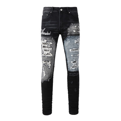 Men’s Black Distressed Skinny Jeans with Patchwork Detail 1322