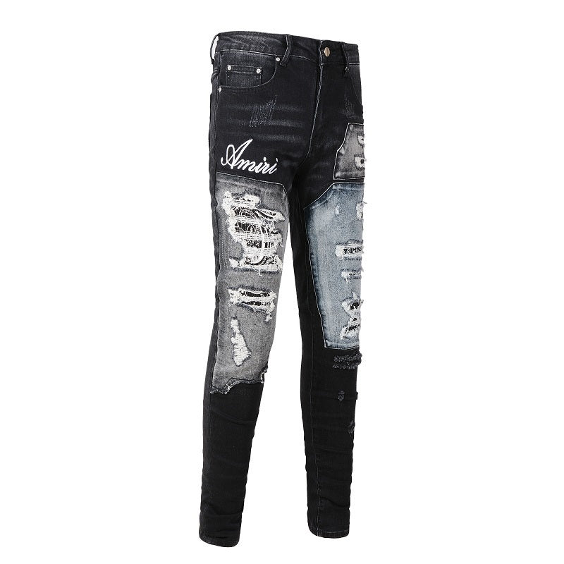 Men’s Black Distressed Skinny Jeans with Patchwork Detail 1322