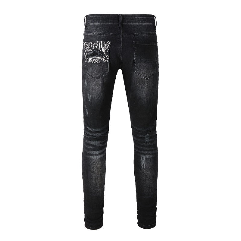 Men’s Black Distressed Skinny Jeans with Patchwork Detail 1322