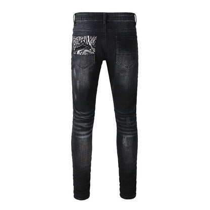 Men’s Black Distressed Skinny Jeans with Patchwork Detail 1322