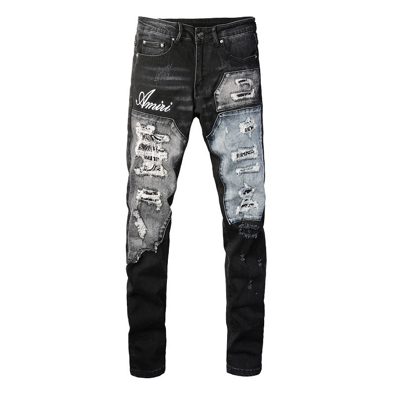 Men’s Black Distressed Skinny Jeans with Patchwork Detail 1322
