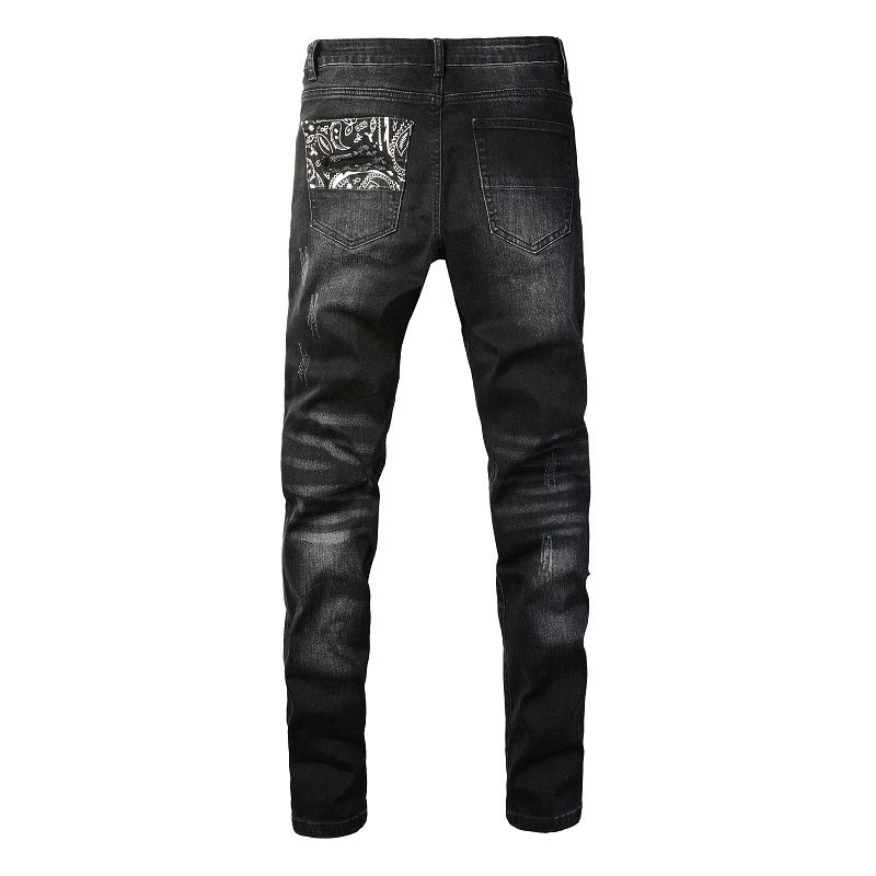 Men’s Black Distressed Skinny Jeans with Patchwork Detail 1322