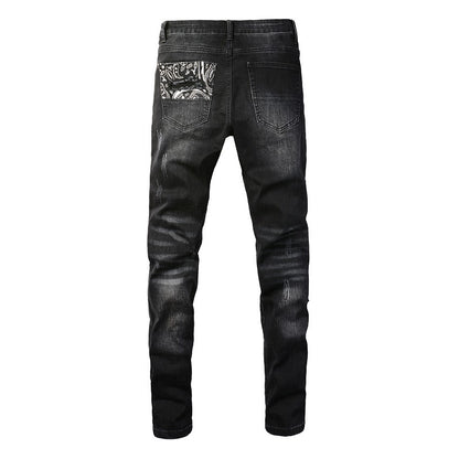 Men’s Black Distressed Skinny Jeans with Patchwork Detail 1322