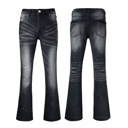 Men's Black Flare Jeans - Avant-Garde Slim Bootcut with High-Contrast Whisker Fading