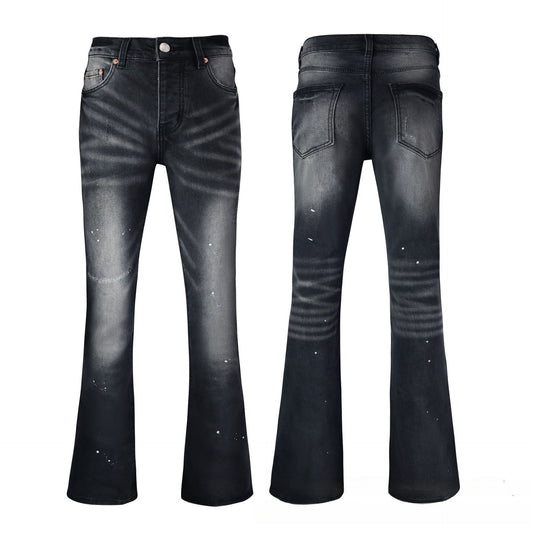 Men's Black Flare Jeans - Avant-Garde Slim Bootcut with High-Contrast Whisker Fading