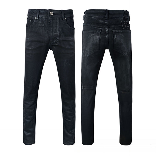 Men's Black Coated Jeans - Sleek Waxed Denim Finish with Tonal Cross Embroidery
