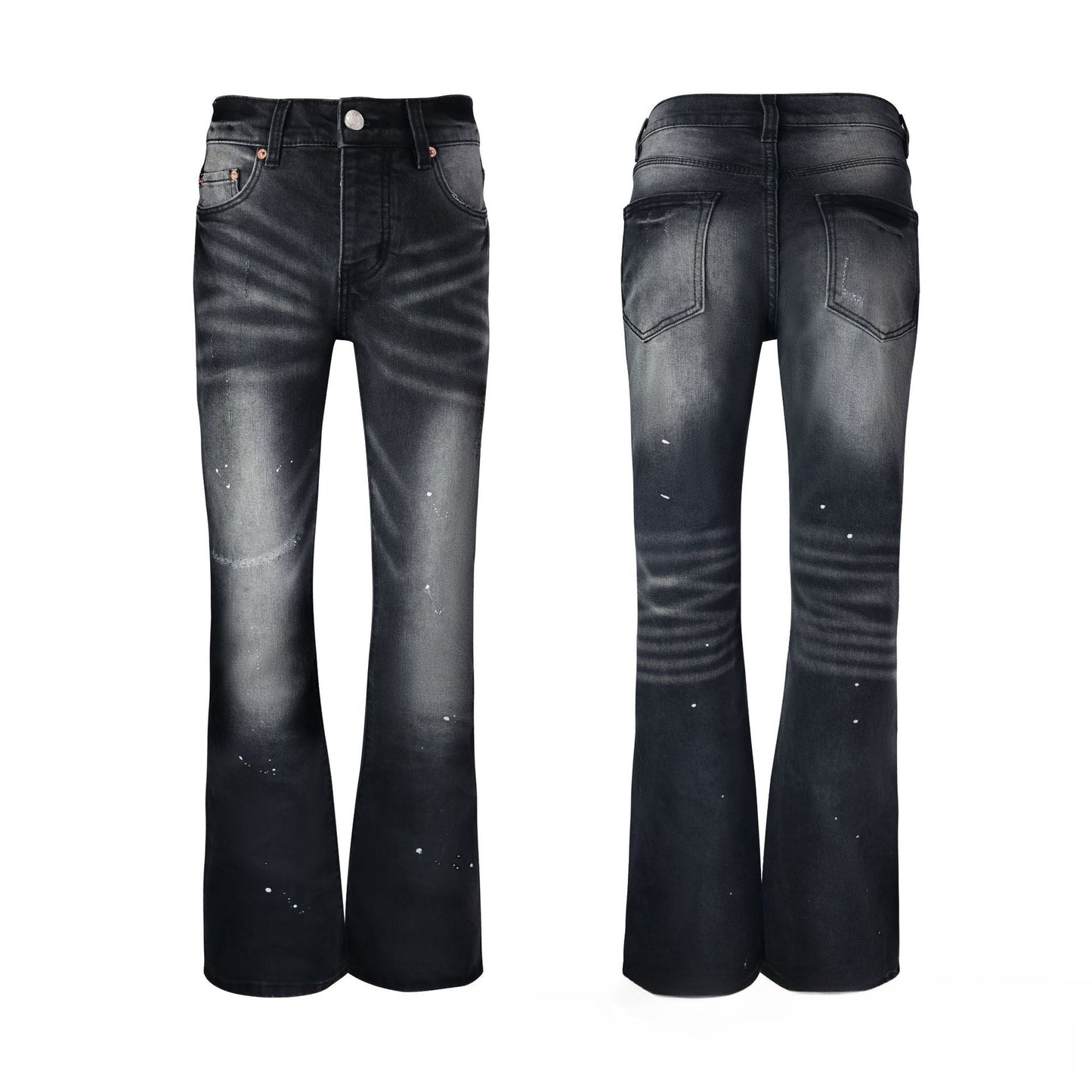 Men's Black Flare Jeans - Avant-Garde Slim Bootcut with High-Contrast Whisker Fading