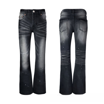 Men's Black Flare Jeans - Avant-Garde Slim Bootcut with High-Contrast Whisker Fading