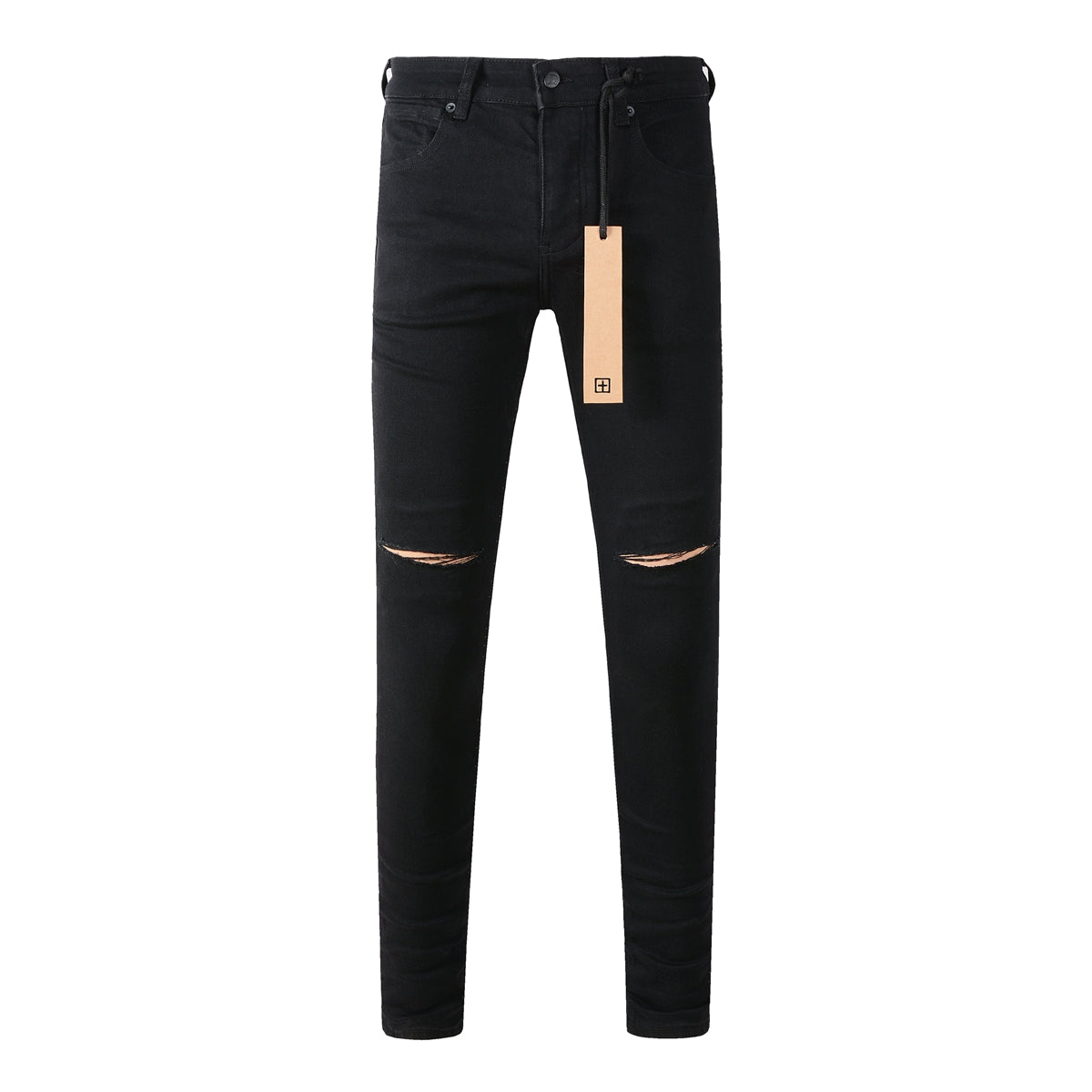 Mid-Rise Black Jeans with Shredded Knees 3005