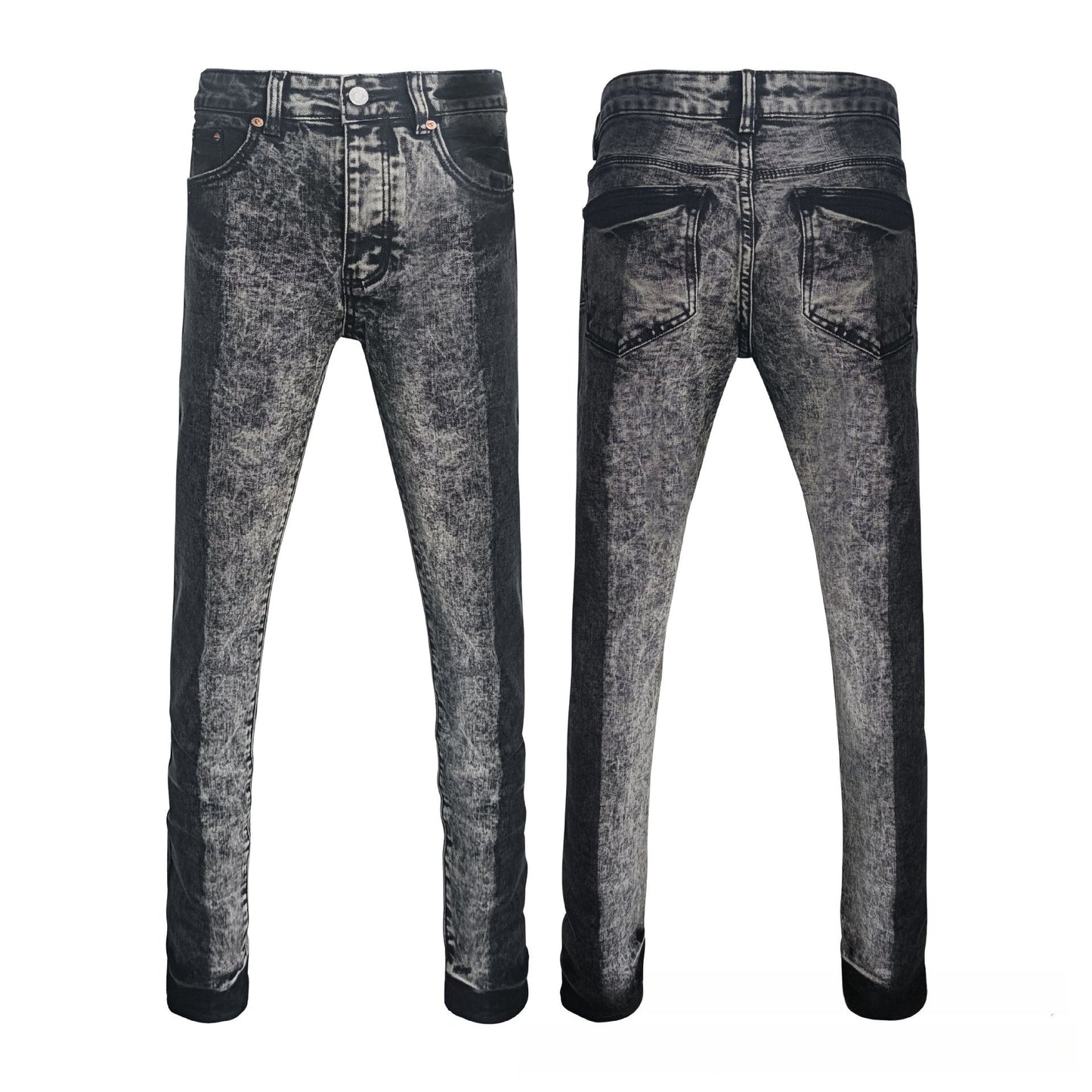 Men's Black & Grey Deconstructed Jeans - Split Acid Wash Texture & Stripe Detail