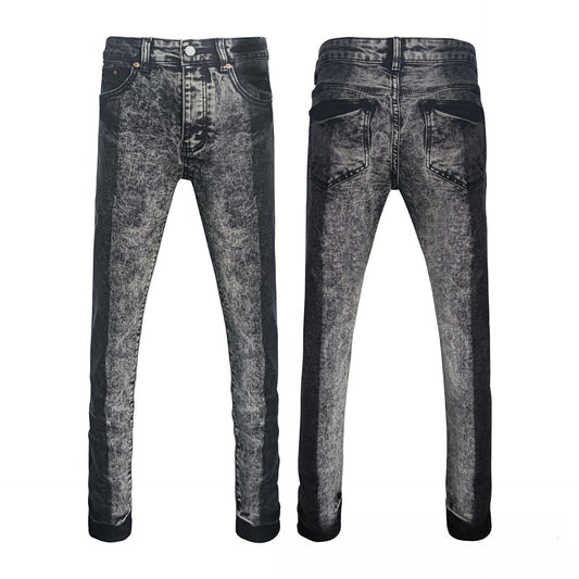 Men's Black & Grey Deconstructed Jeans - Split Acid Wash Texture & Stripe Detail