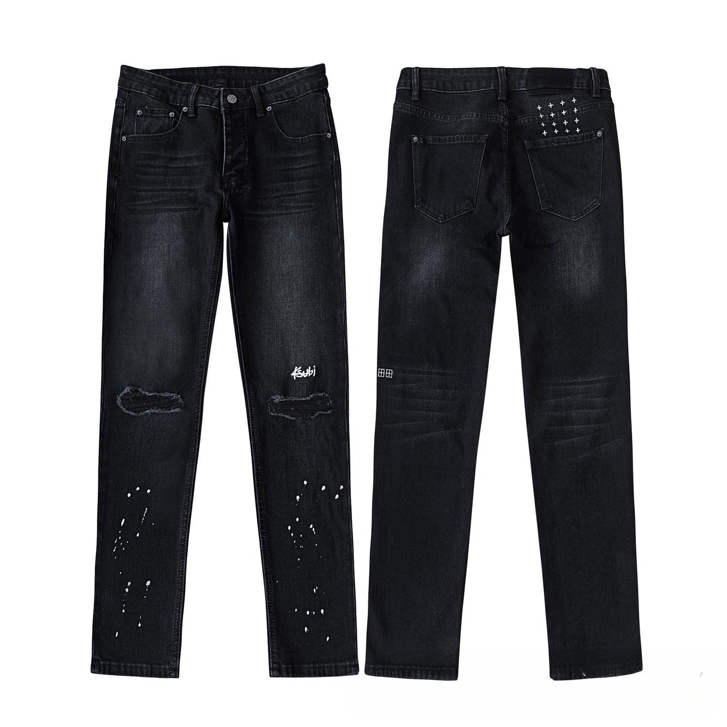 Black Distressed Flare Jeans with White Paint Splatter and Rivet Studs - High Waisted Ripped Bell Bottom Denim