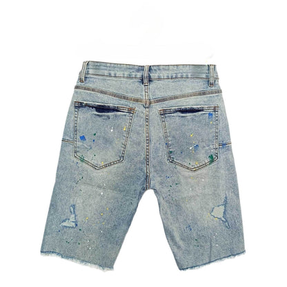 Light Blue Paint Splatter Denim Bermuda Shorts for Men - Green Blue Yellow Splatter, Distressed Look, Frayed Hem Summer Vibes