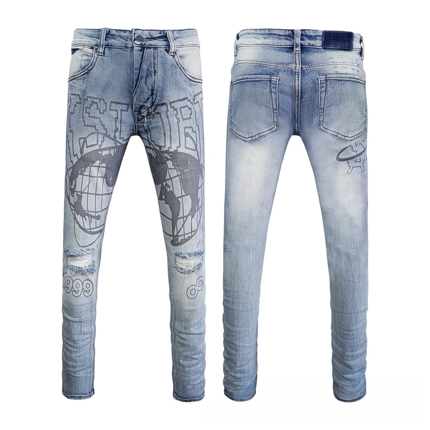 Light Blue Skinny Denim Jeans for Men - Faded Wash, Eye-Catching Globe Graphic, Ripped Knees, Slim Fit