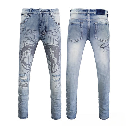 Light Blue Skinny Denim Jeans for Men - Faded Wash, Eye-Catching Globe Graphic, Ripped Knees, Slim Fit