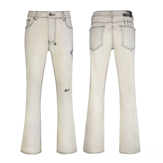 Men's Classic Off-White Bootcut Jeans - Vintage Flared Denim with Stretch & Slim Waist Fit