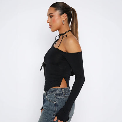 New Fashionable Solid Color Asymmetric Shoulder Fitted Off-Shoulder Sexy Long-Sleeve T-Shirt T1992727