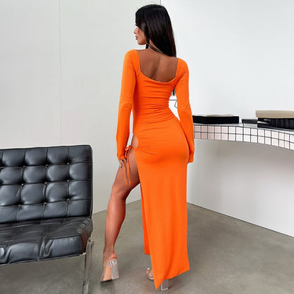 New Fashionable Long-Sleeve Tie-Back Fitted Backless Hollow-Out Side-Slit Dress D1992540