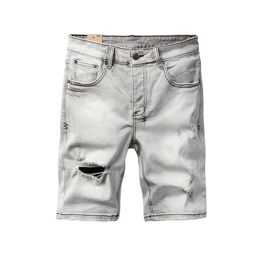 Mens Light Grey Distressed Denim Shorts with Ripped Detail Casual Streetwear Summer Jean Shorts 2011