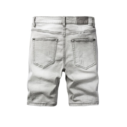 Mens Light Grey Distressed Denim Shorts with Ripped Detail Casual Streetwear Summer Jean Shorts 2011