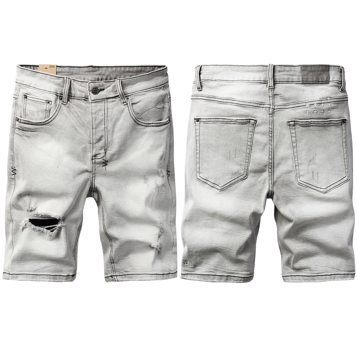 Mens Light Grey Distressed Denim Shorts with Ripped Detail Casual Streetwear Summer Jean Shorts 2011