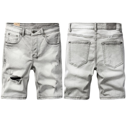 Mens Light Grey Distressed Denim Shorts with Ripped Detail Casual Streetwear Summer Jean Shorts 2011
