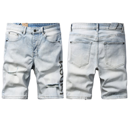 Men’s Light Blue Ripped Denim Shorts – Urban Streetwear Slim Jean Shorts 2012