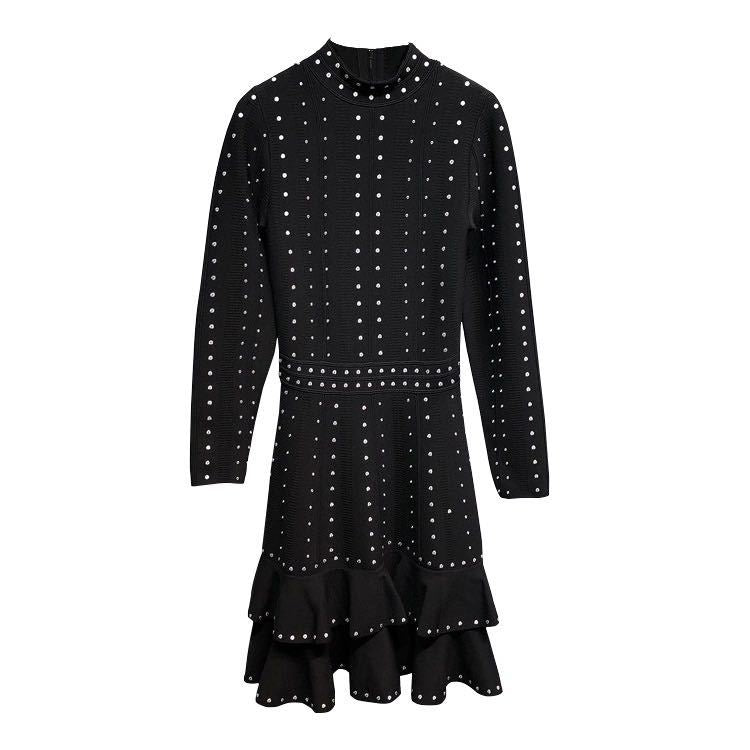 Robe en tricot à paillettes perlée à la main de style français chic avec détails à volants et coupe ajustée à la taille