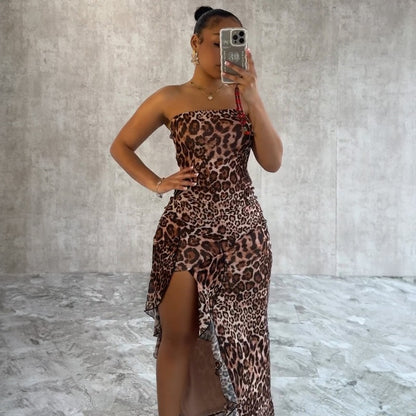 Nuevo vestido sexy ajustado con estampado de leopardo y aberturas laterales, estilo coqueto D1993527