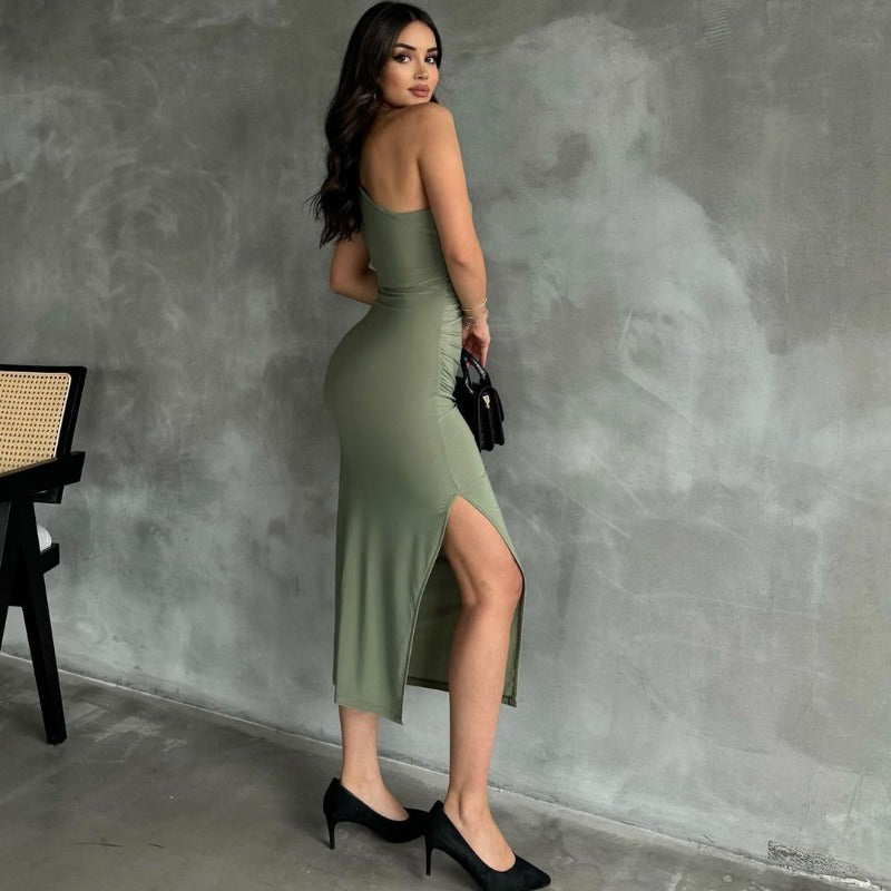 New One-Shoulder Solid Color Slit Sleeveless Sexy Slim-Fit Dress D1993369