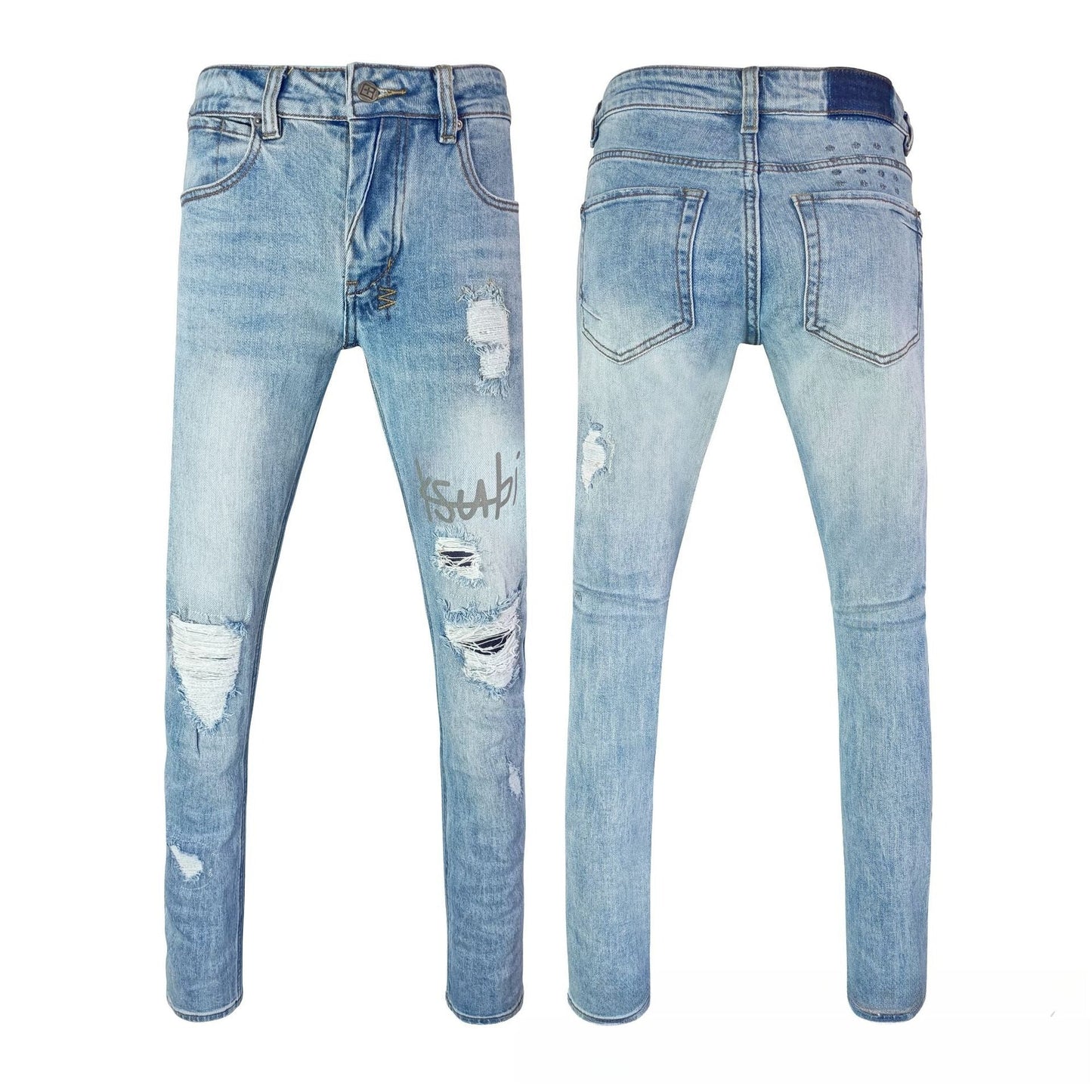 Light Blue Slim Straight Distressed Jeans Men Ripped Knee Holes Vintage Wash Ksabi Style Denim
