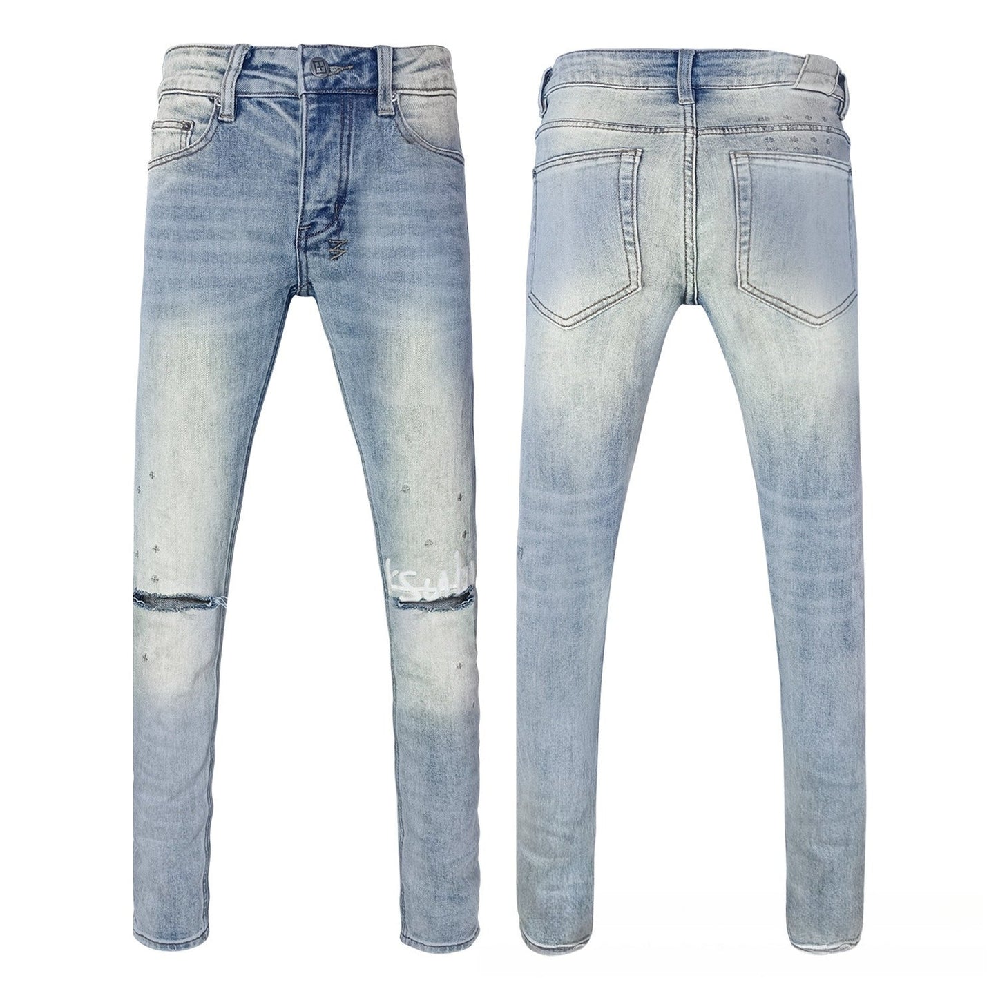 Light Blue Light Wash Flared Jeans Featuring Side Rivets and White Embroidery - High Rise Wide Leg Destroyed Pants