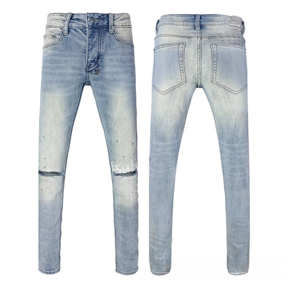 Light Blue Light Wash Flared Jeans Featuring Side Rivets and White Embroidery - High Rise Wide Leg Destroyed Pants
