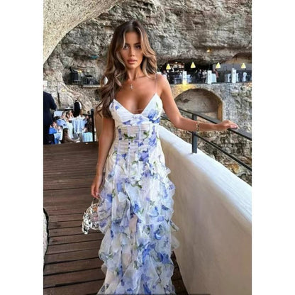 Nuevo vestido largo etéreo con estampado de gasa de estilo europeo y americano de moda con hombros descubiertos para primavera/verano 2024 con atractivo de vestido de noche elegante 