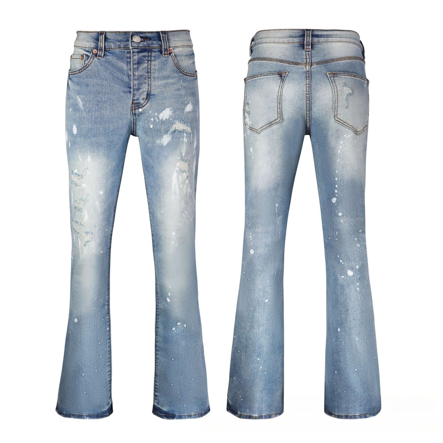 Men's Blue Flare Jeans - Artistic White Paint Splatter Denim with Vintage Snow Wash