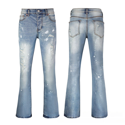 Men's Blue Flare Jeans - Artistic White Paint Splatter Denim with Vintage Snow Wash