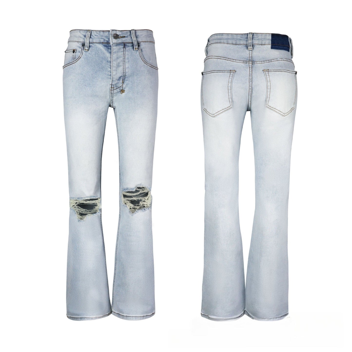 Men's Light Blue Slim Jeans - Vintage Washed Denim with Knee Rip & Repair Detail